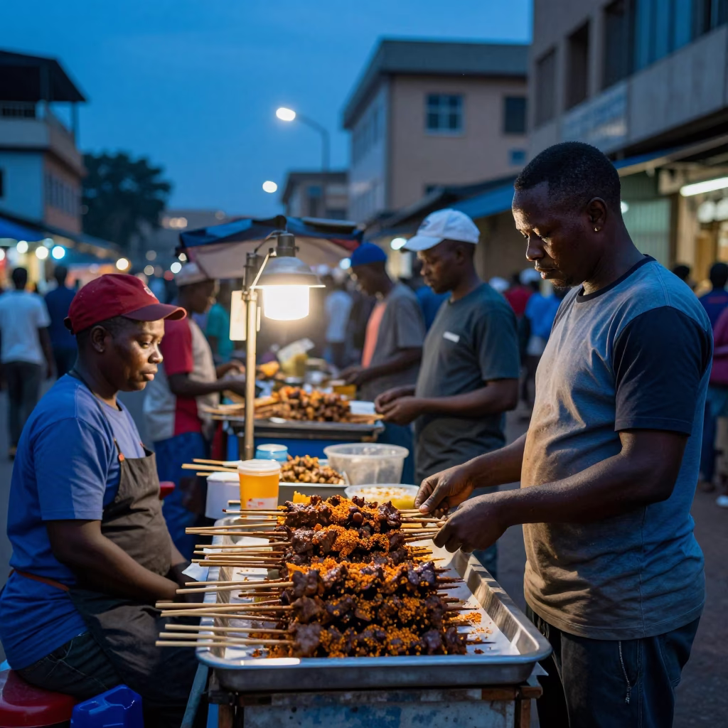 Busy Nairobi Evening Street Scene with Food Vendors and Commuters Under Dusk Lighting in in Nairobi, Kenya