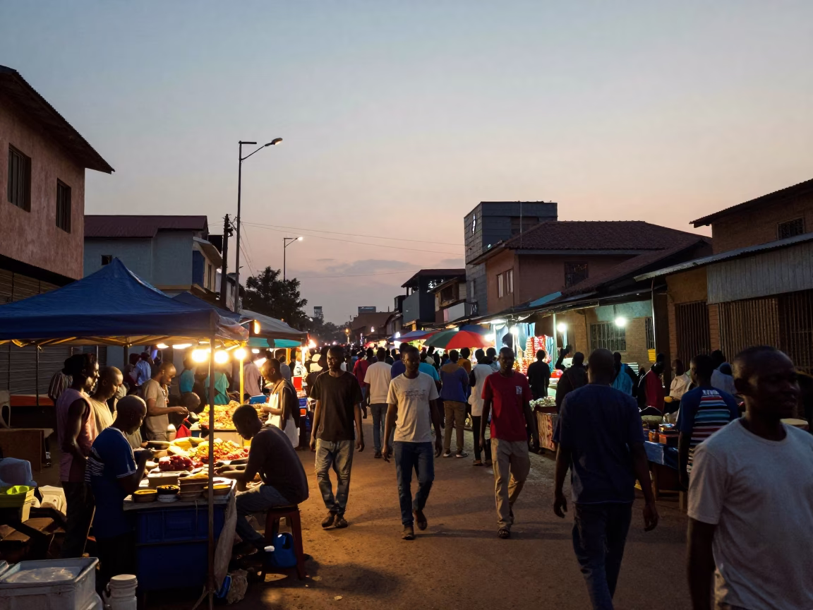 Busy Nairobi Evening Street Scene with Local Food Vendors and Traditional Elements in in Nairobi, Kenya