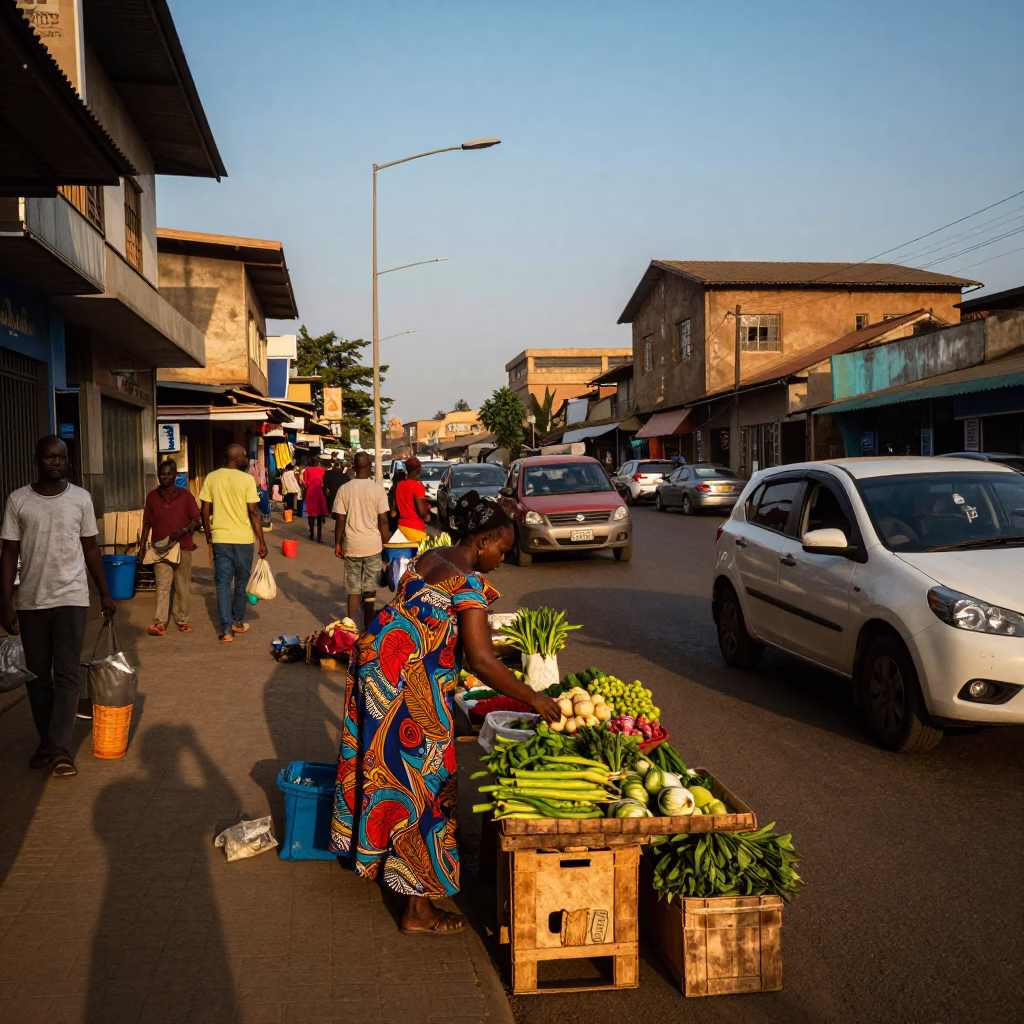 Busy Nairobi Evening Street Scene with Local Vendors and Pedestrians in Kenya in in Nairobi, Kenya