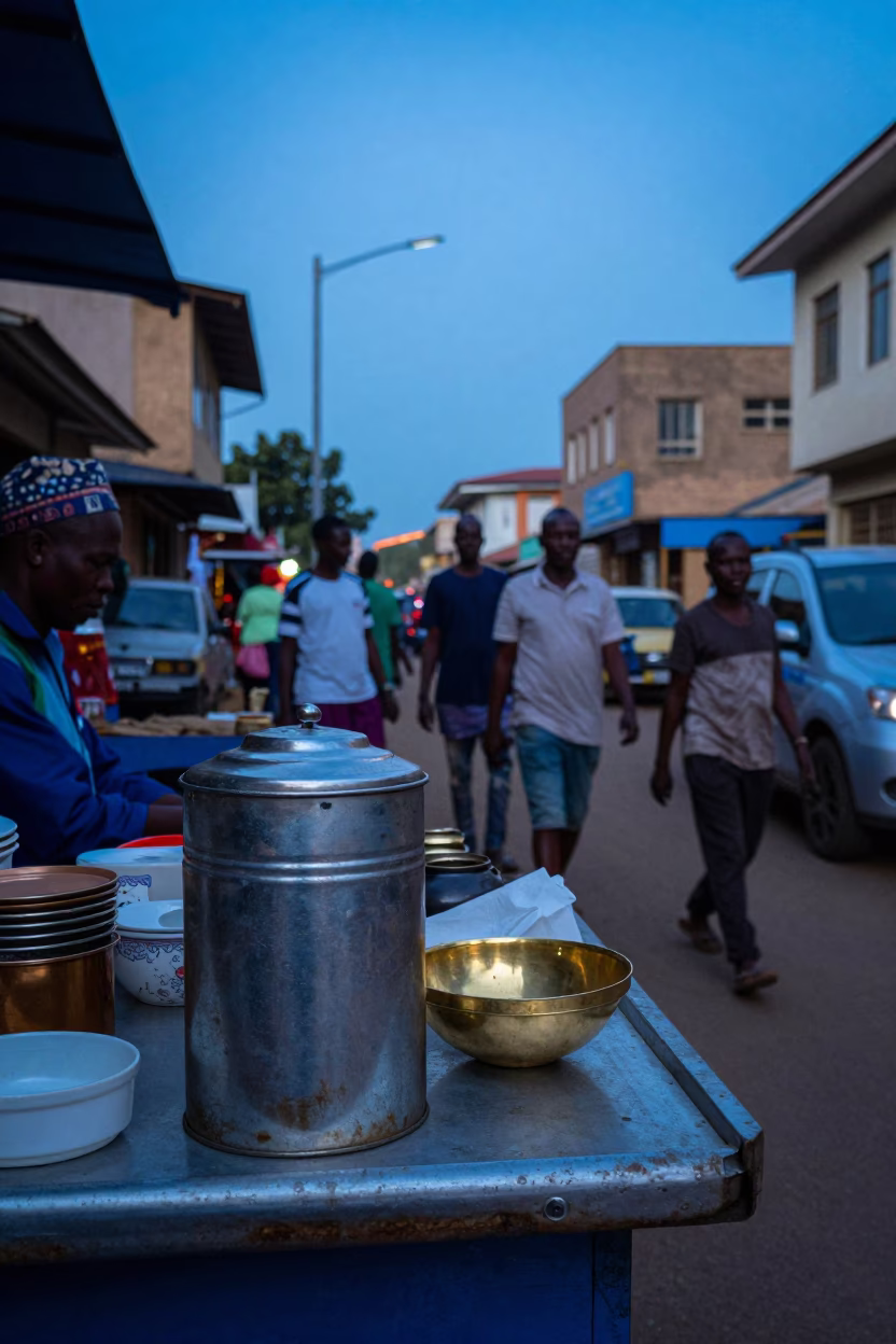 Busy Nairobi Evening Street Scene with Tea Tin and Brass Details Under Blue Light in in Nairobi, Kenya