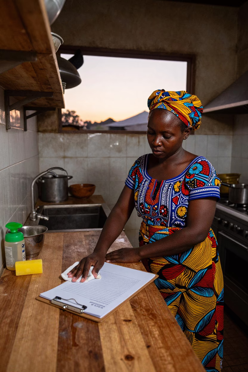 Busy Nairobi Kitchen Before Dawn with Clipboard and Soap Bottle in in Nairobi, Kenya