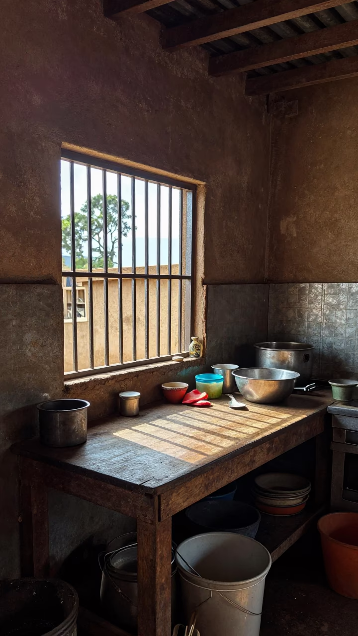 Busy Nairobi Kitchen Interior Late Morning Natural Light Rusty Drawer Handle in in Nairobi, Kenya