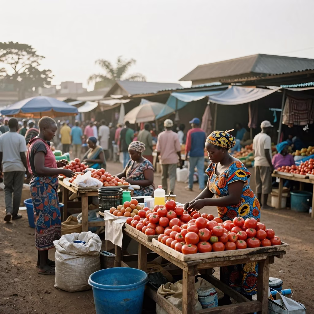 Busy Nairobi Market Stall Just After Sunrise with Local Vendors and Colorful Goods in in Nairobi, Kenya