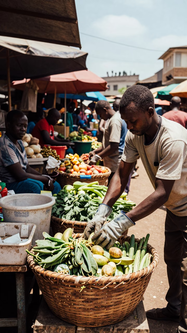 Busy Nairobi Market Stall Midday with Basket and Work Gloves in in Nairobi, Kenya