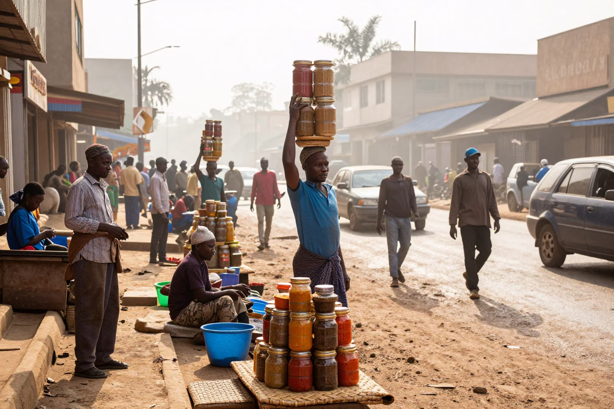 Busy Nairobi Morning Street Scene with Local Vendors and Daily Commuters in in Nairobi, Kenya