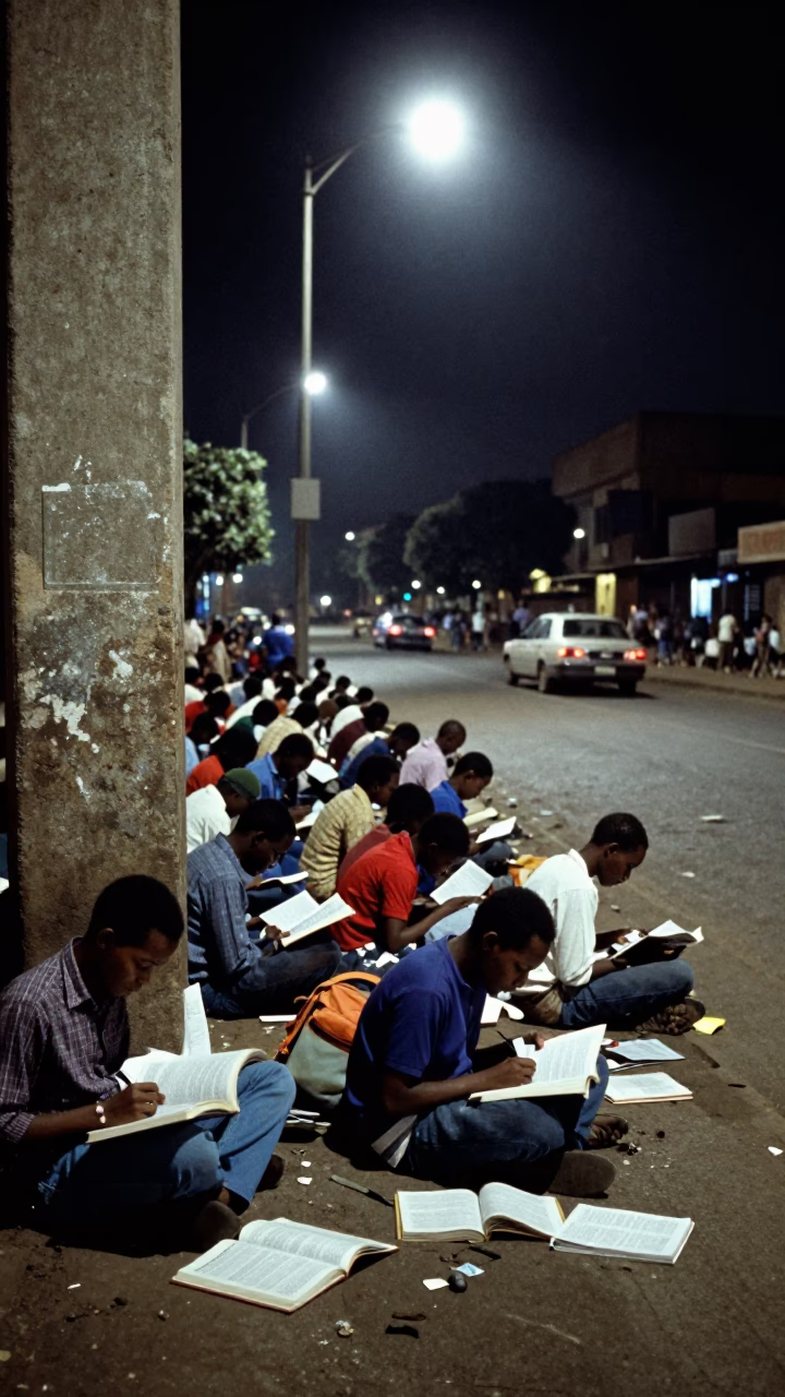 Busy Nairobi Night Street Scene with Students Revising Beneath Library Stacks Late at Night in in Nairobi, Kenya