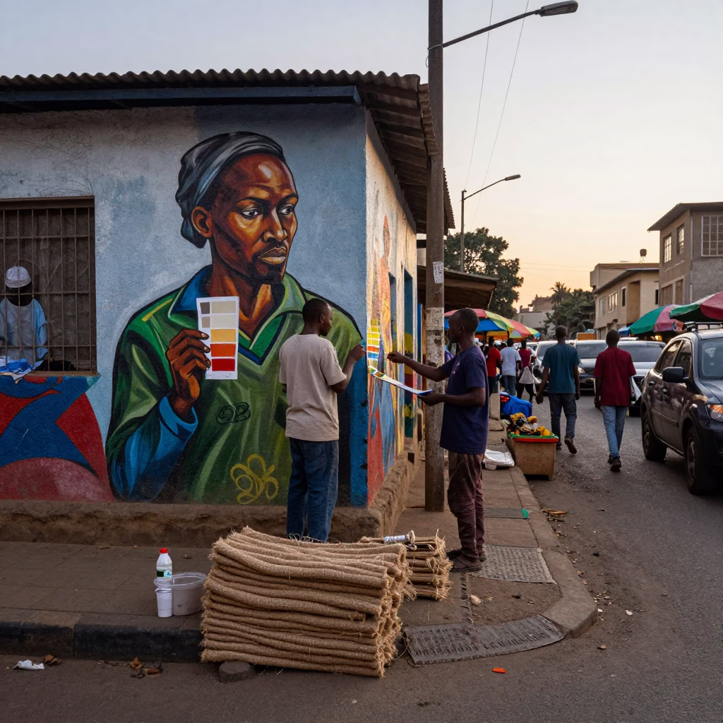 Busy Nairobi Street Corner at Dawn with Muralist and Sisal Market Vendors in in Nairobi, Kenya