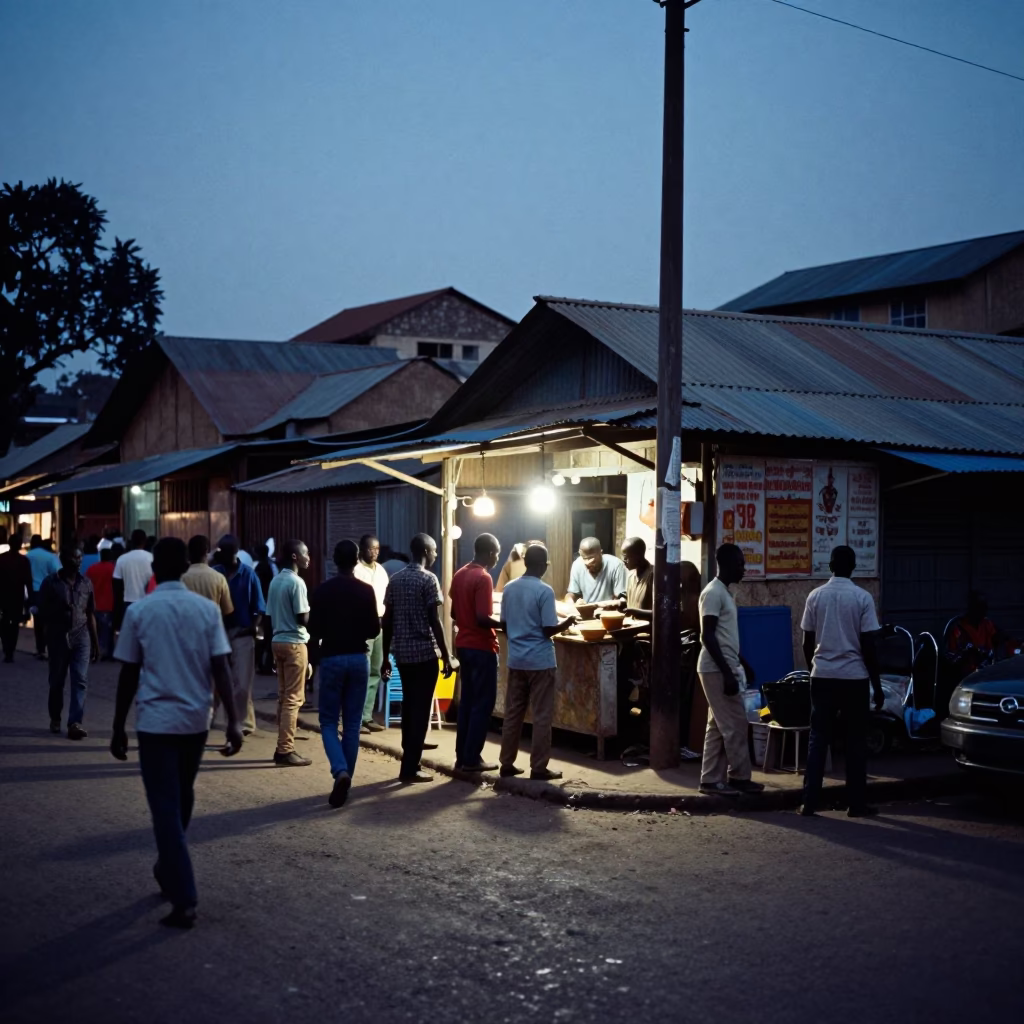 Busy Nairobi Street Corner at Dusk with Local Vendor and Evening Activity in in Nairobi, Kenya