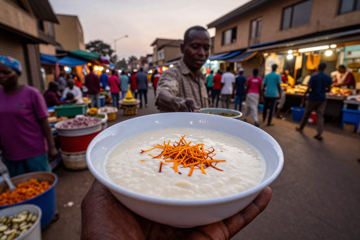 Busy Nairobi Street Corner at Dusk with Spilled Kheer and Local Vendors in in Nairobi, Kenya