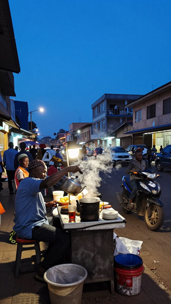 Busy Nairobi Street Corner at Dusk with Tea Seller and Urban Infrastructure in in Nairobi, Kenya