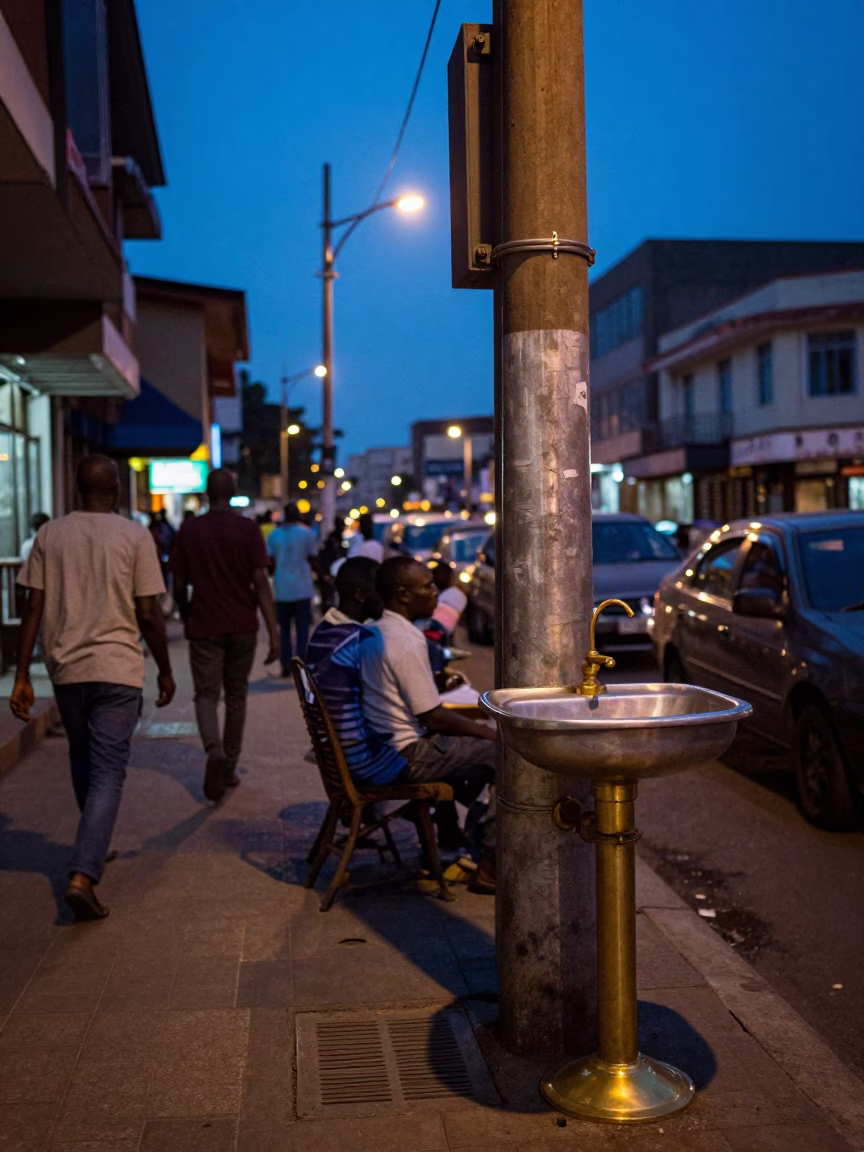 Busy Nairobi Street Corner Evening Blue Hour with Brass Hardware and Local Life in in Nairobi, Kenya