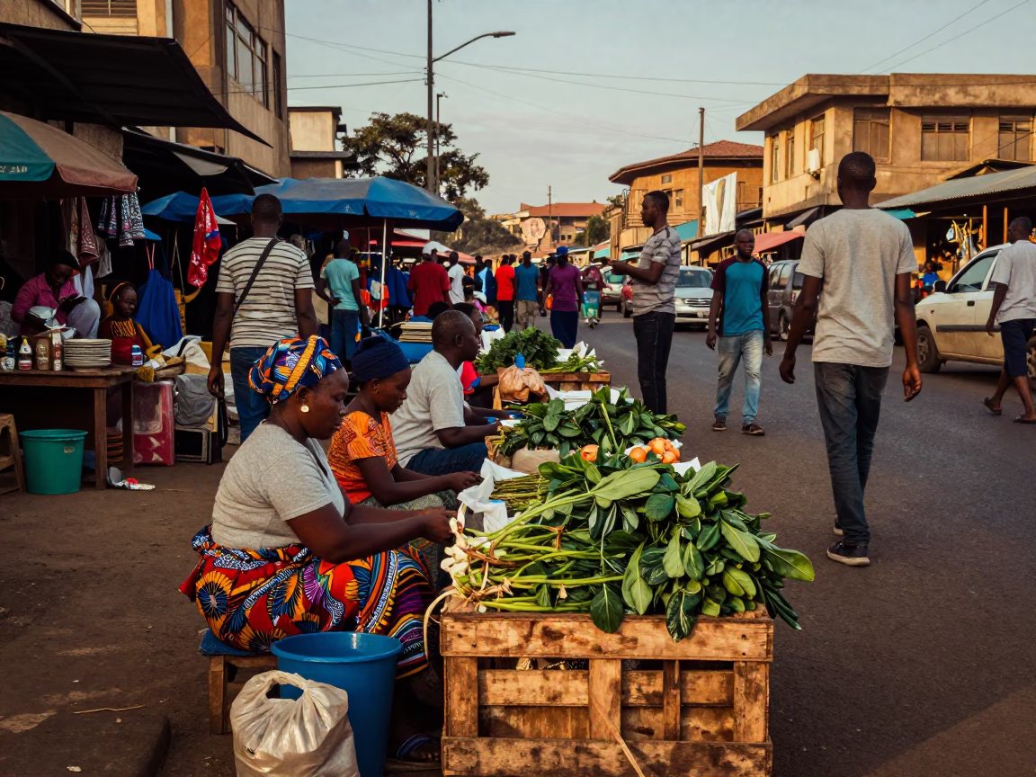Busy Nairobi Street Corner Evening Scene with Local Market Goods and Daily Life in in Nairobi, Kenya