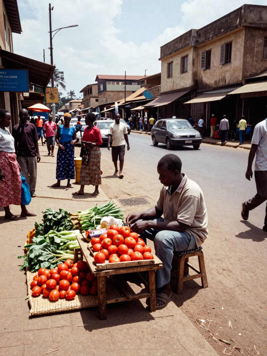 Busy Nairobi Street Corner in Bright Midmorning Light with Local Vendors and Daily Life in in Nairobi, Kenya