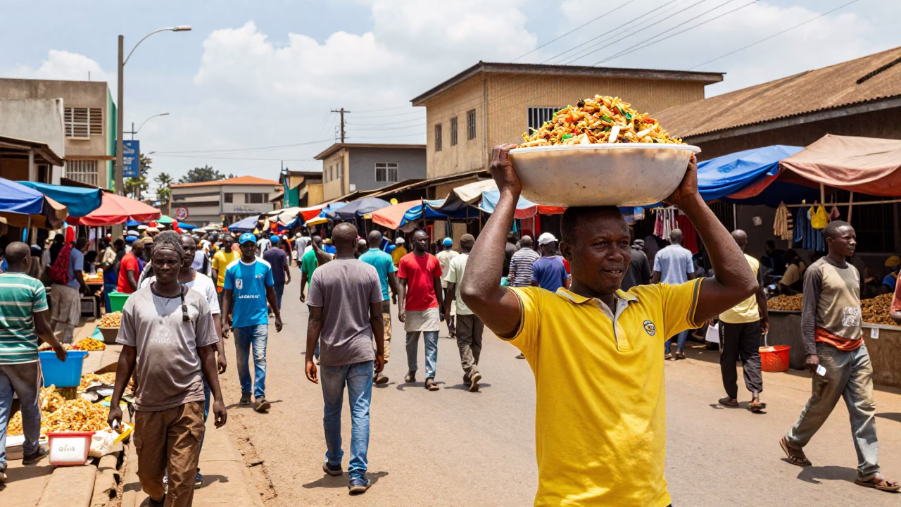 Busy Nairobi Street Corner Noon Market Chaos with Local Vendors and Traffic in in Nairobi, Kenya