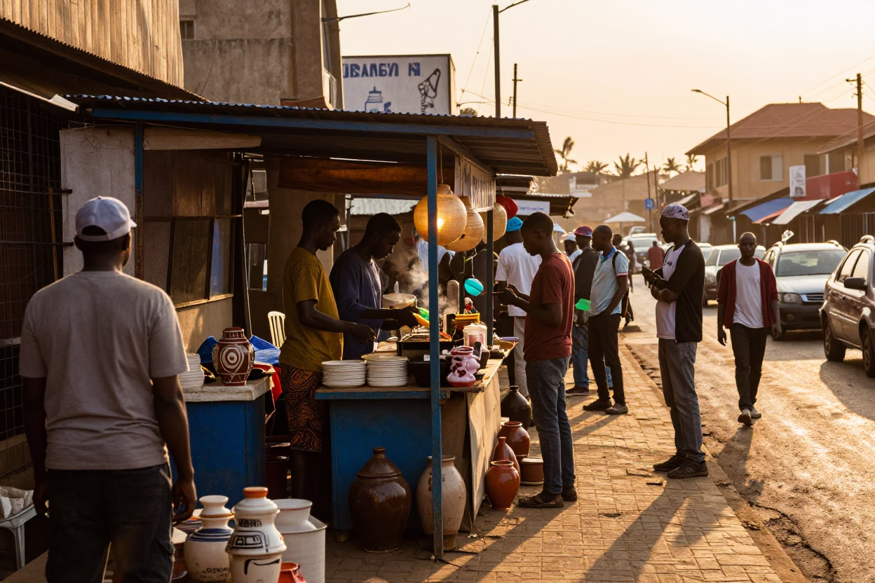 Busy Nairobi Street Food Stall at Sunset with Ceramic Cups and Cake Stand in in Nairobi, Kenya