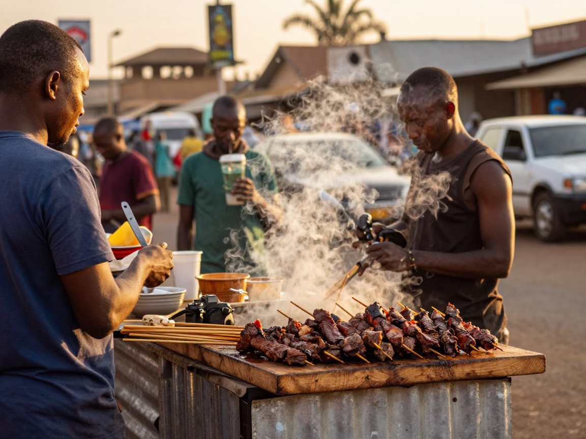 Busy Nairobi Street Food Stall Serving Nyama Choma in Golden Evening Light in in Nairobi, Kenya