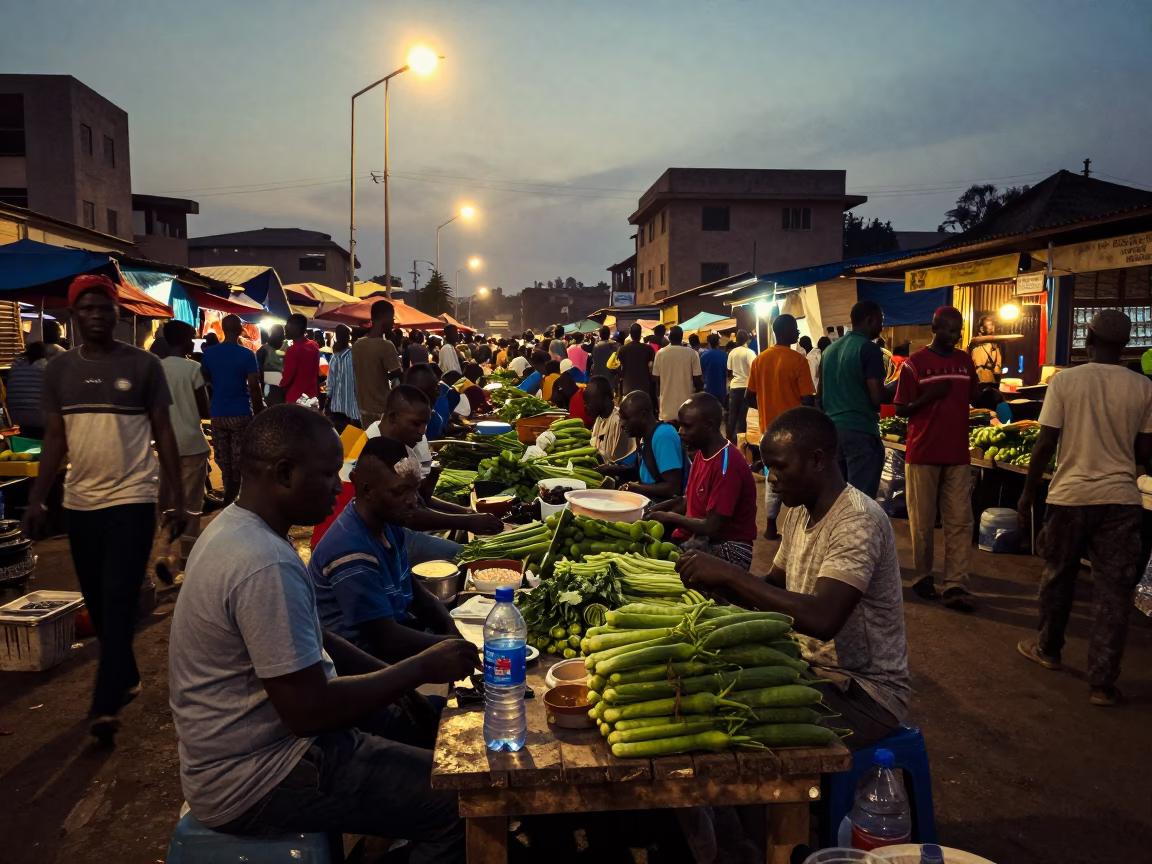 Busy Nairobi Street Market at Predawn with Bottle and Smudged Bowl in in Nairobi, Kenya