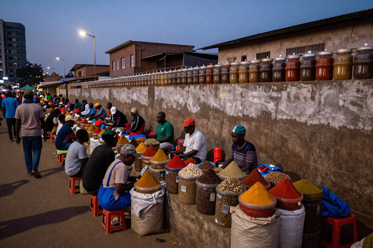 Busy Nairobi Street Market at Twilight with Spice Jars and Concrete Infrastructure in in Nairobi, Kenya