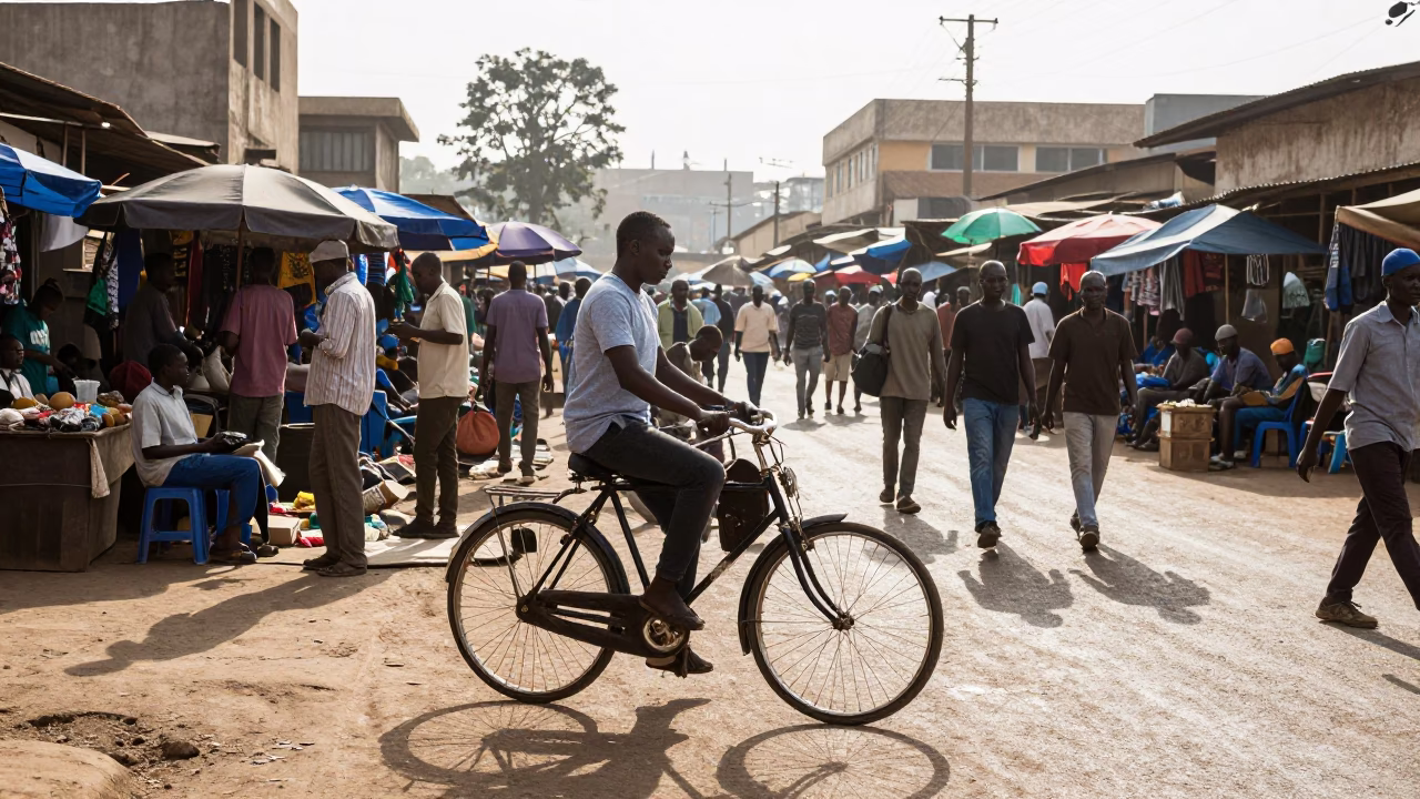 Busy Nairobi Street Market Late Morning with Vintage Bicycle and Dates Stall in in Nairobi, Kenya