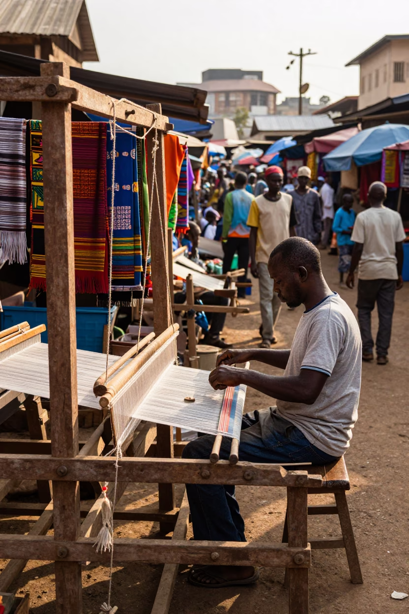 Busy Nairobi Street Market Late Morning with Weaving Loom and Local Commerce in in Nairobi, Kenya