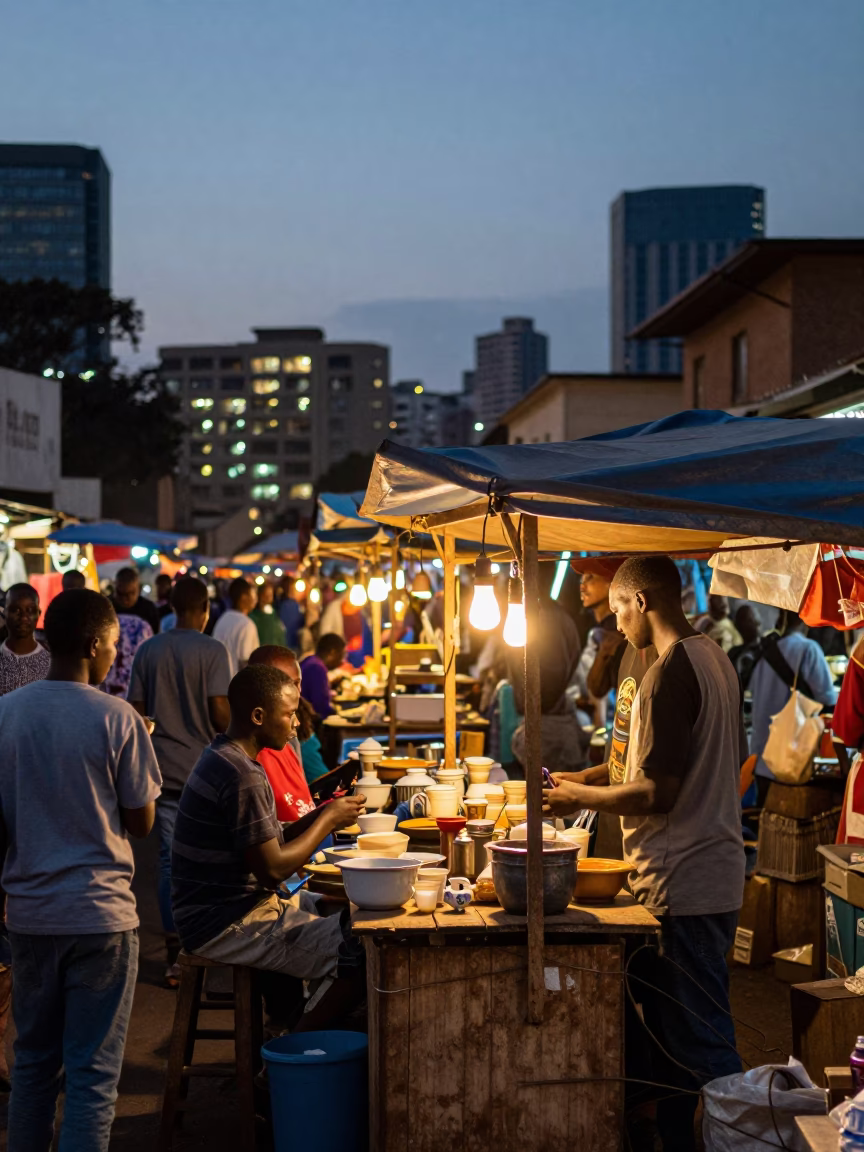 Busy Nairobi Street Market Scene at Dusk with Tea Stains and Local Commerce in in Nairobi, Kenya