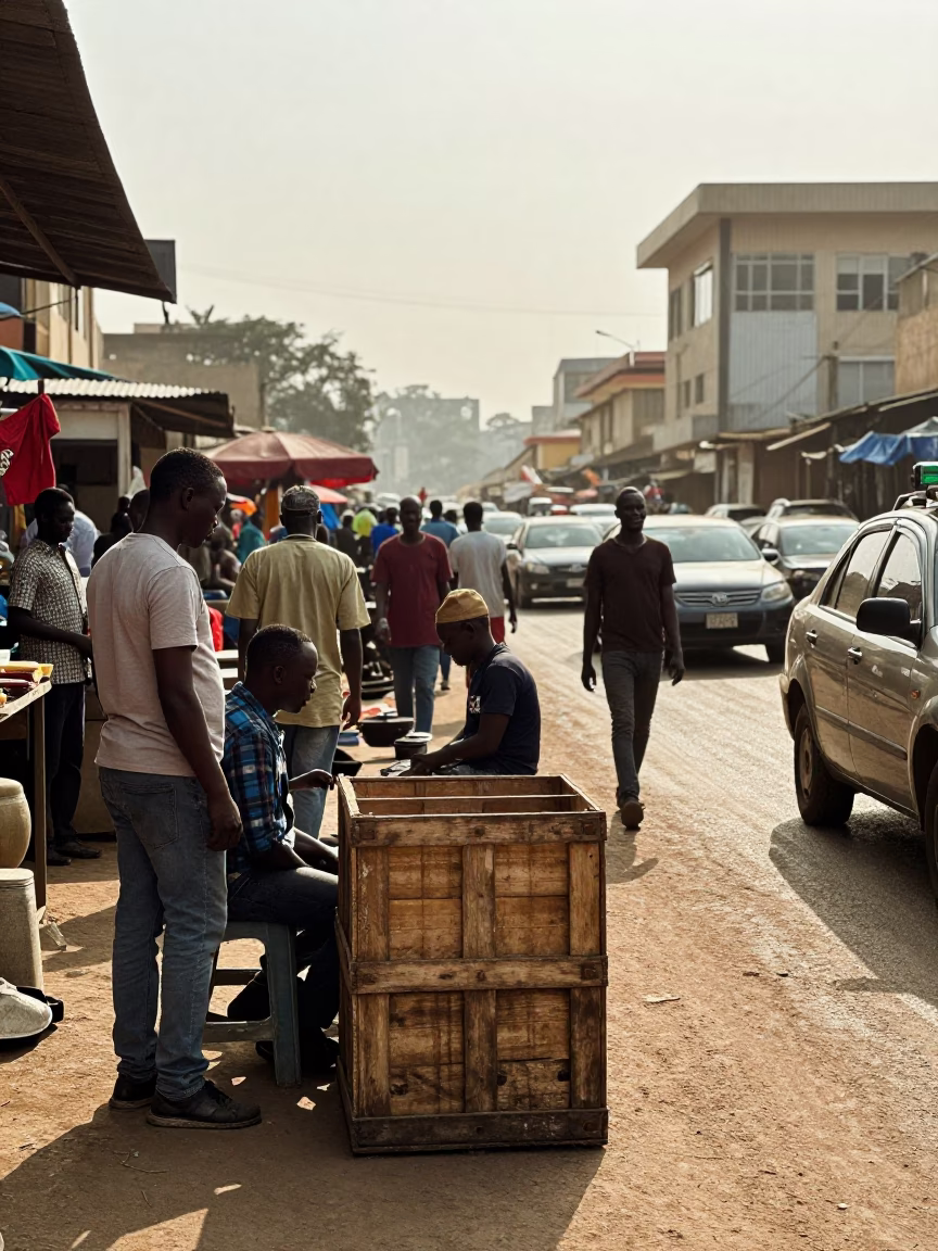 Busy Nairobi Street Market Scene with Crate and Morning Commuters in Kenya in in Nairobi, Kenya