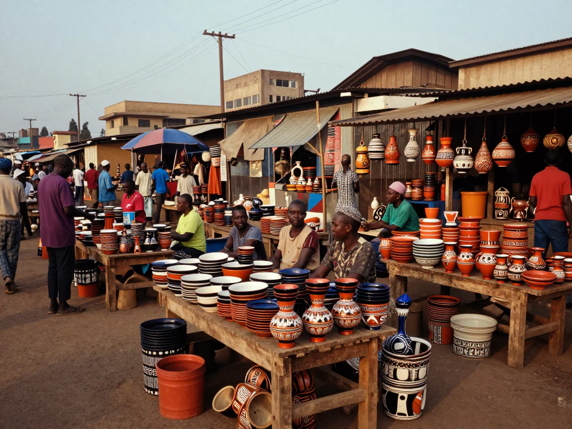 Busy Nairobi Street Market Scene with Stacked Pottery Wares in Early Evening Light in in Nairobi, Kenya