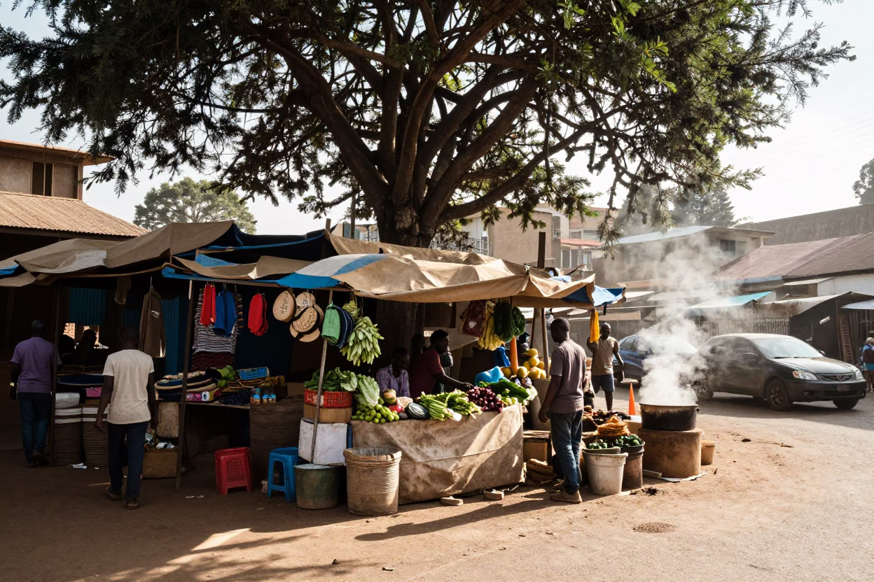 Busy Nairobi Street Market Stall with Fig Tree and Sunlight in Early Afternoon Kenya in in Nairobi, Kenya
