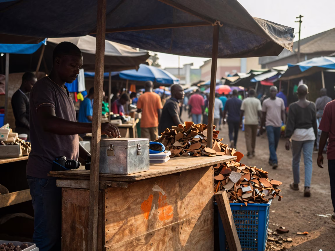 Busy Nairobi Street Market Stall with Orange Peel and Lockbox at First Light in in Nairobi, Kenya