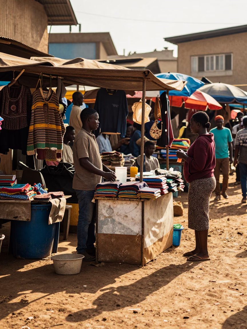 Busy Nairobi Street Market Stall with Vendor and Customer Interaction in in Nairobi, Kenya