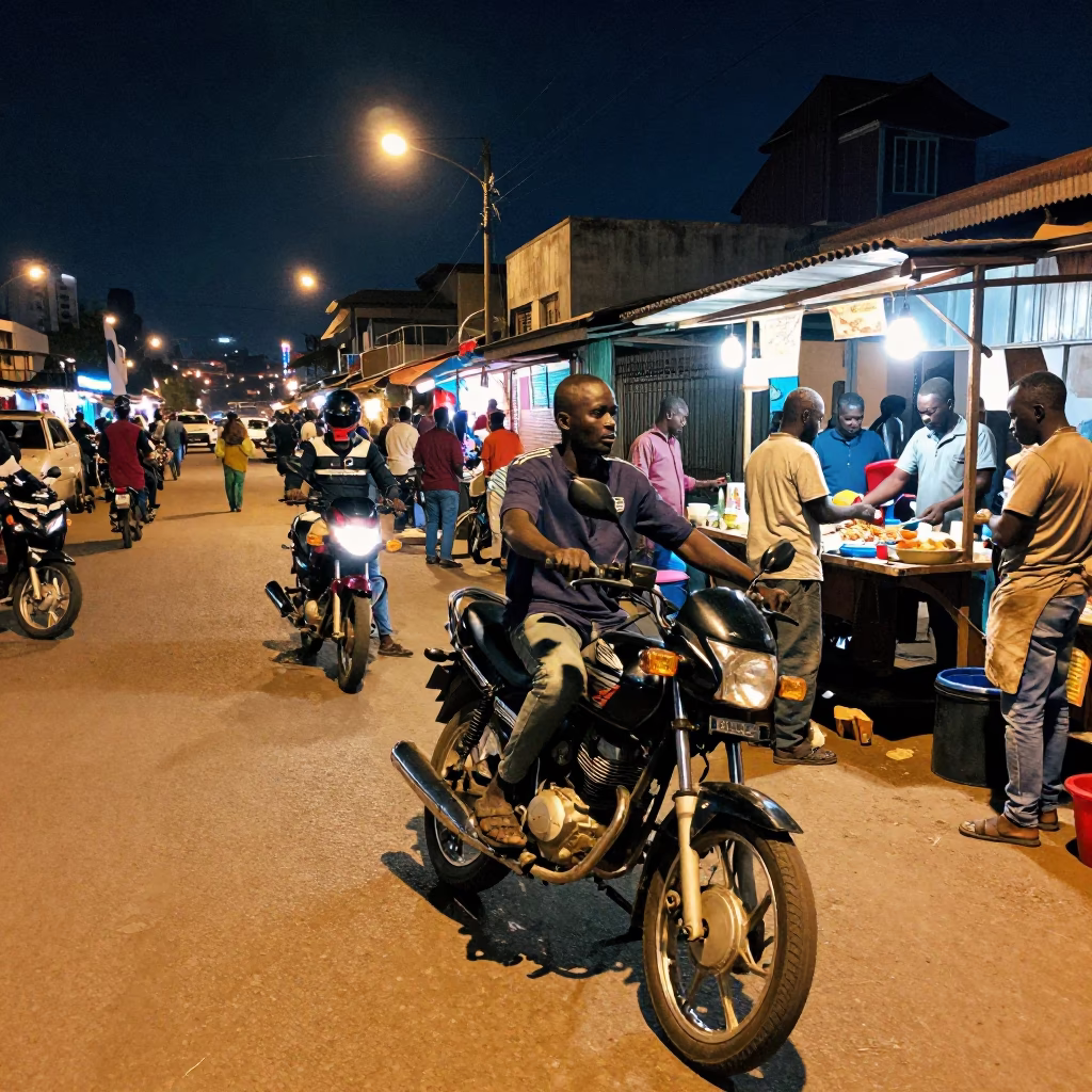 Busy Nairobi Street Night Scene with Motorcycle and Local Vendor Stall in in Nairobi, Kenya