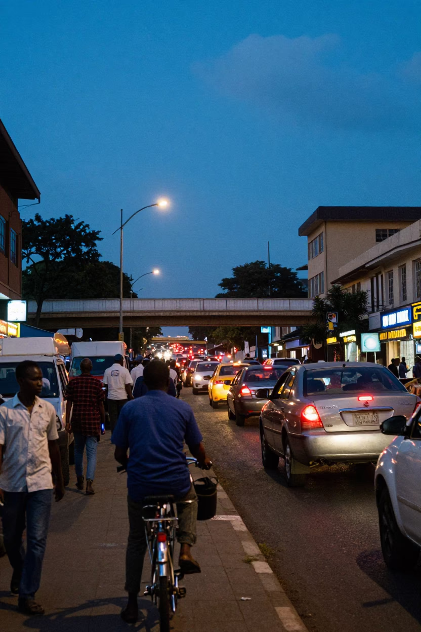 Busy Nairobi Street Scene at Blue Hour with Bicycle and Overpass Taillights in in Nairobi, Kenya