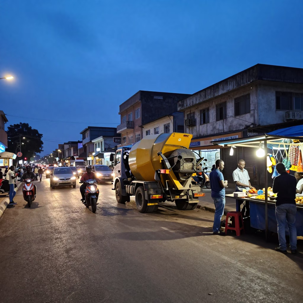 Busy Nairobi Street Scene at Blue Hour with Cement Mixer and Urban Life in in Nairobi, Kenya