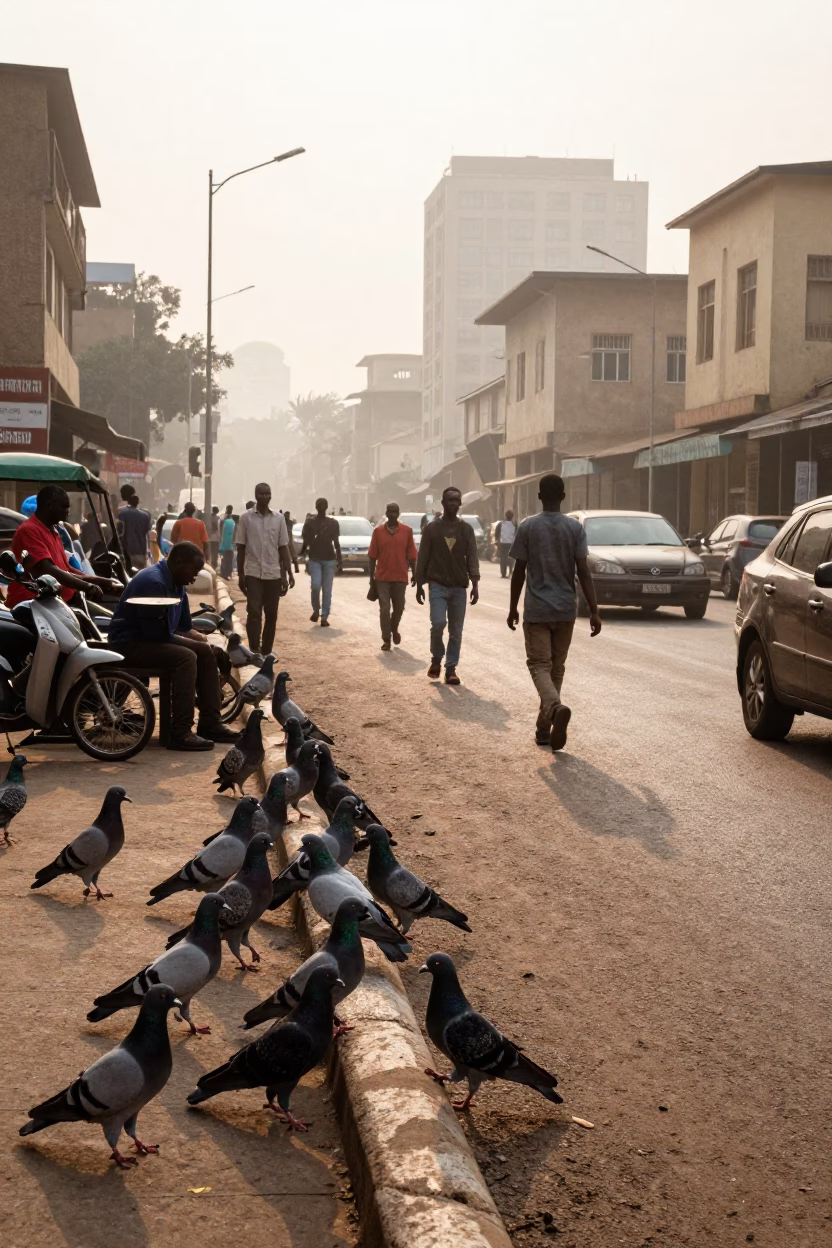 Busy Nairobi Street Scene at Dawn with Pigeons and Local Commerce in in Nairobi, Kenya