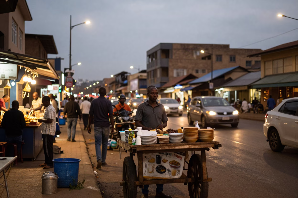 Busy Nairobi Street Scene at Dusk with Local Food Vendors and Commuters in in Nairobi, Kenya