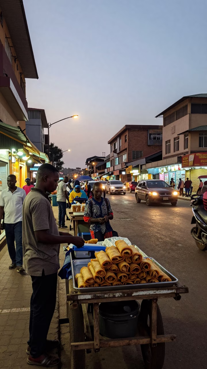 Busy Nairobi Street Scene at Dusk with Traders and City Lights Glowing in in Nairobi, Kenya