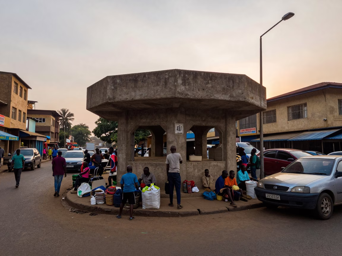 Busy Nairobi street scene at first light dawn with concrete viaduct and local commerce in in Nairobi, Kenya
