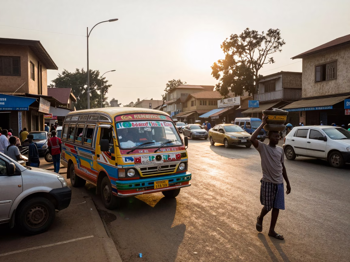 Busy Nairobi Street Scene at First Light with Matatu and Local Vendors in in Nairobi, Kenya