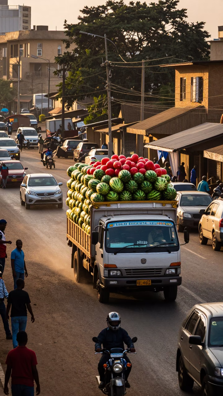 Busy Nairobi Street Scene at First Light with Truck Laden with Watermelons on Highway in in Nairobi, Kenya