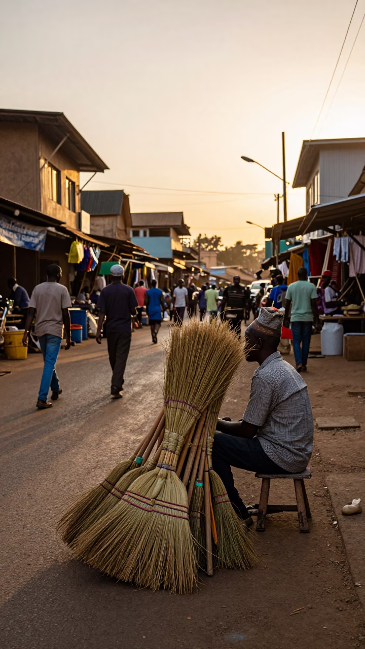 Busy Nairobi Street Scene at Golden Hour with Brooms and Local Market Activity in in Nairobi, Kenya