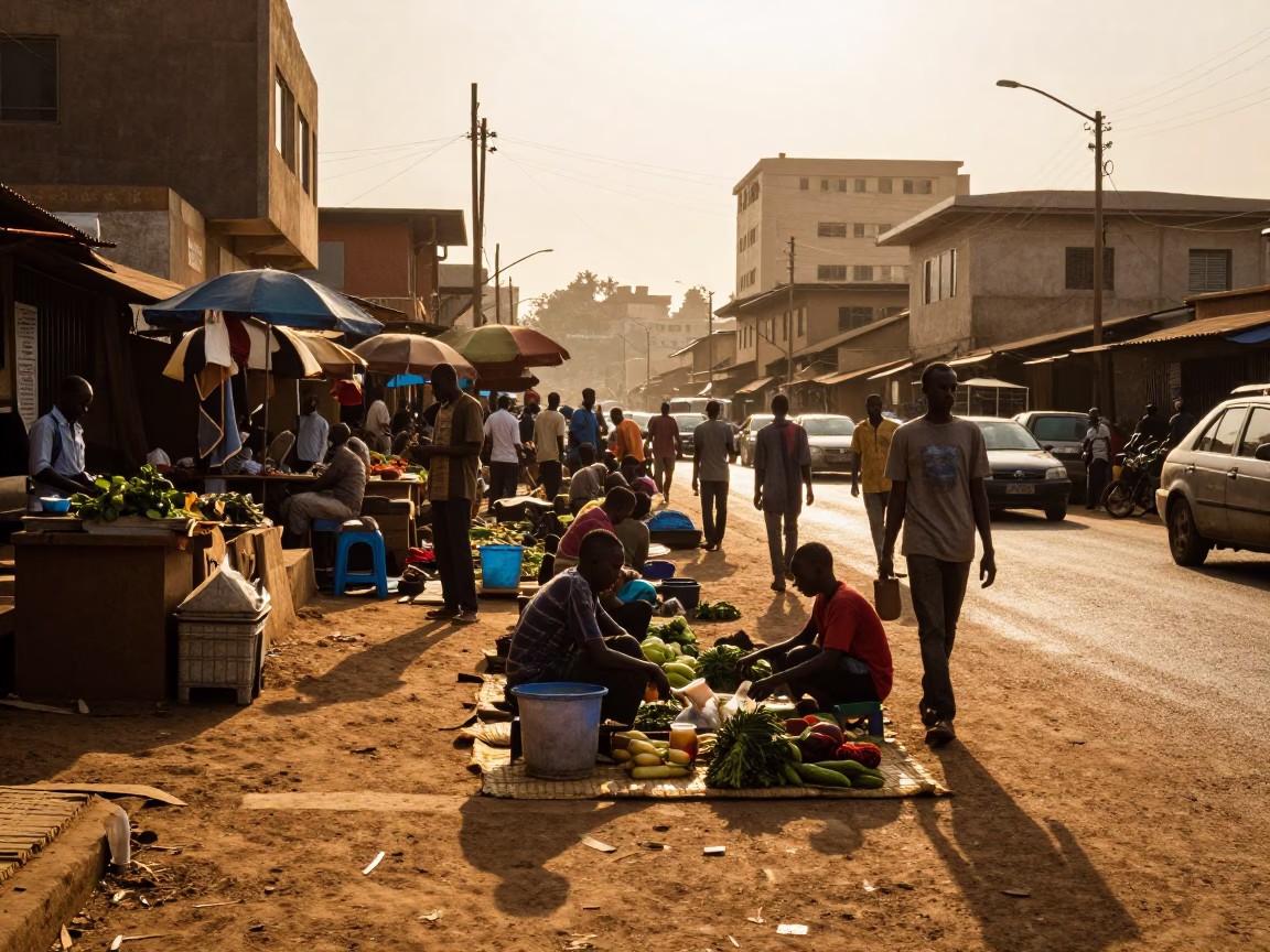 Busy Nairobi Street Scene at Golden Hour with Local Market Activity and Traditional Elements in in Nairobi, Kenya