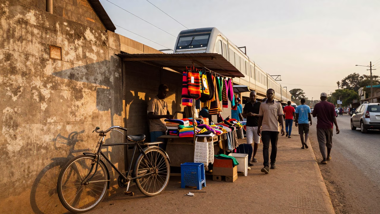 Busy Nairobi Street Scene at Golden Hour with Monorail and Vintage Bicycle in in Nairobi, Kenya