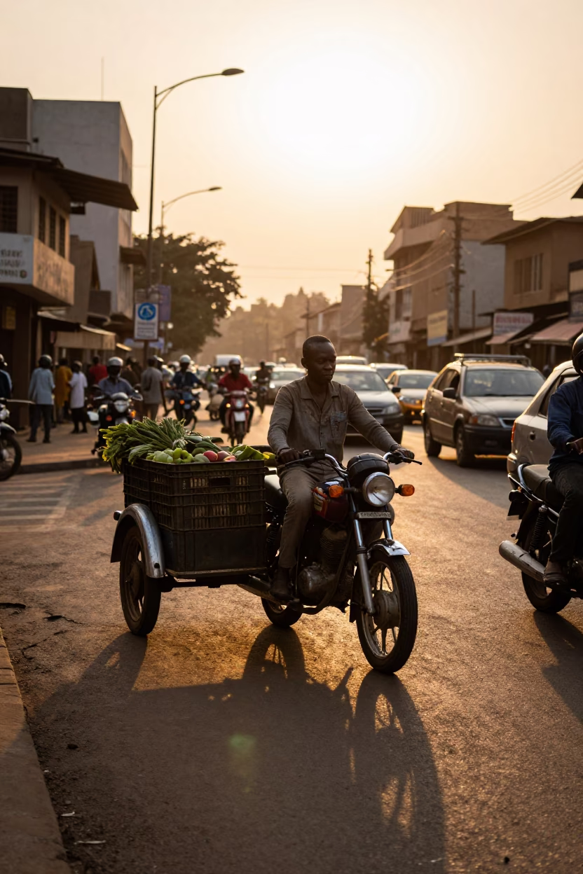 Busy Nairobi Street Scene at Sunset with Vintage Motorcycle Sidecar and Local Interactions in in Nairobi, Kenya