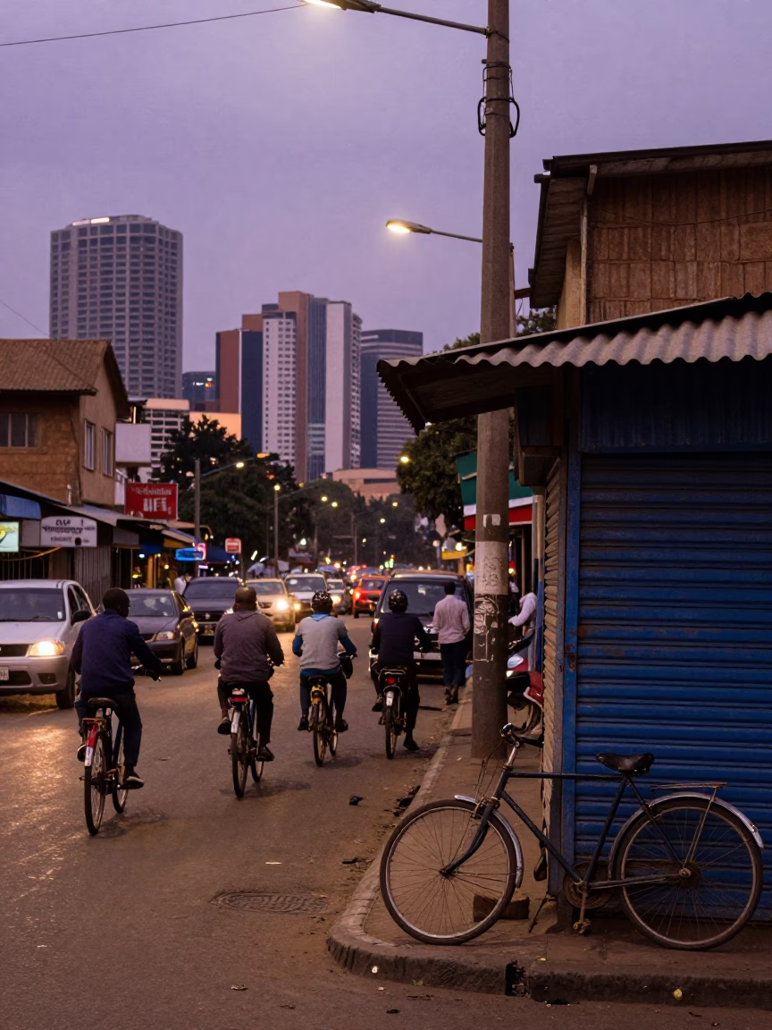 Busy Nairobi Street Scene at Twilight with Bicycles and Local Commerce in in Nairobi, Kenya