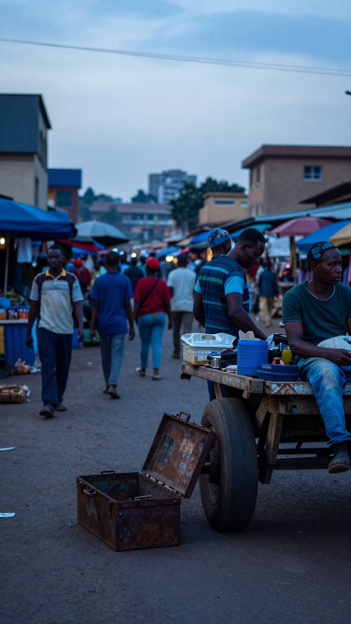 Busy Nairobi Street Scene Before Sunrise with Local Market Activity and Morning Light in in Nairobi, Kenya