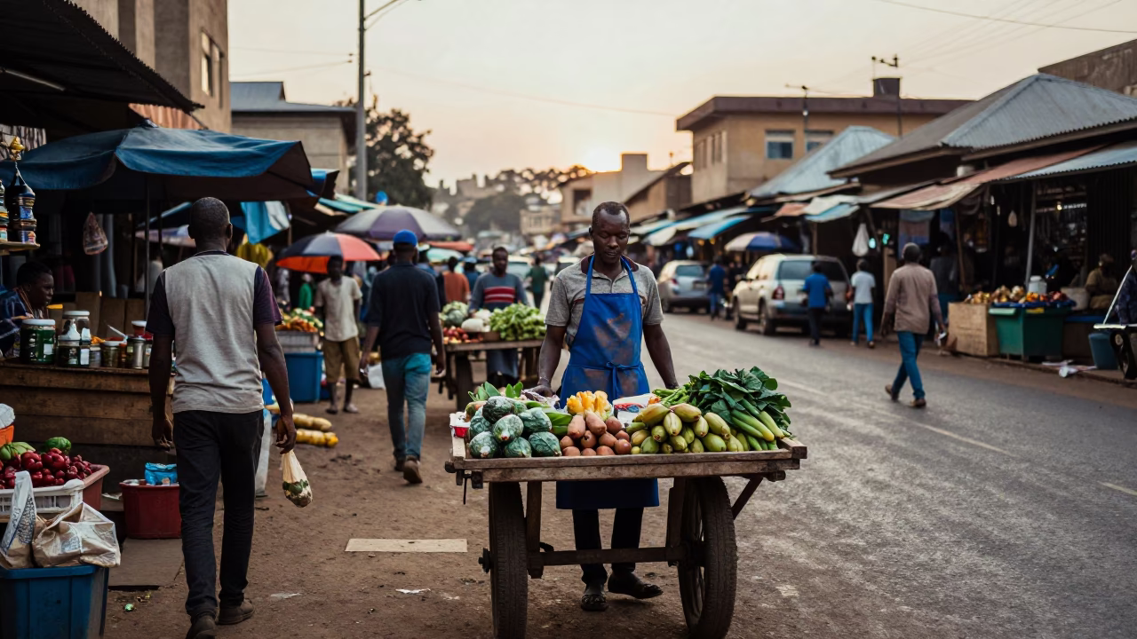 Busy Nairobi Street Scene Before Sunrise with Vendor Apron and Local Market Activity in in Nairobi, Kenya