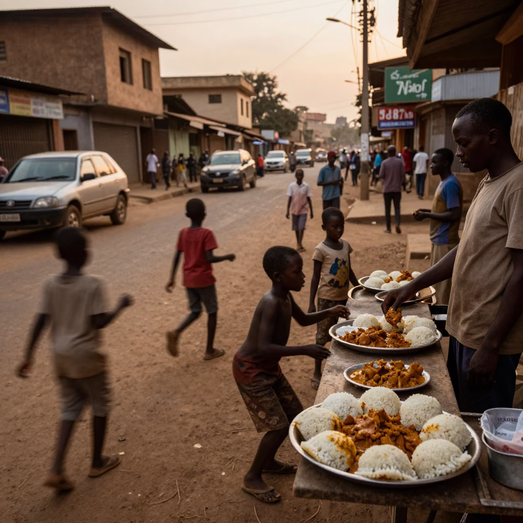 Busy Nairobi Street Scene Early Evening with Children Playing Cricket and Local Market Activity in in Nairobi, Kenya