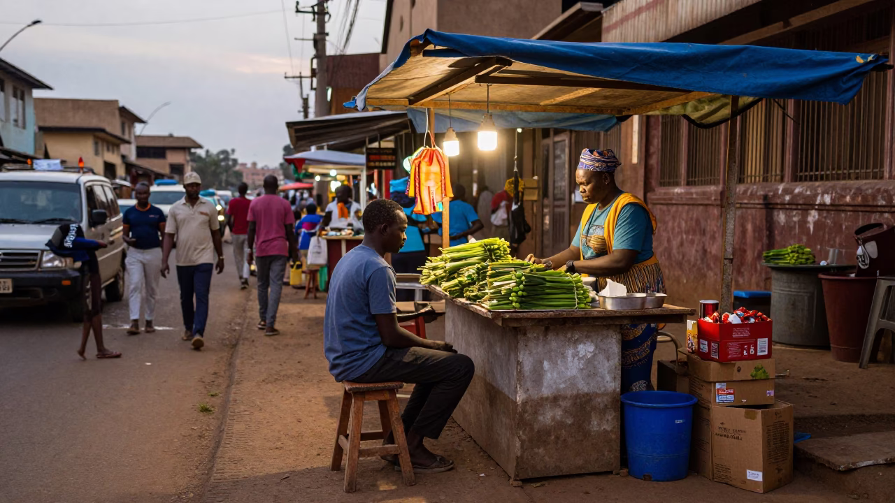 Busy Nairobi Street Scene Early Evening with Stool and Wicker Basket in in Nairobi, Kenya