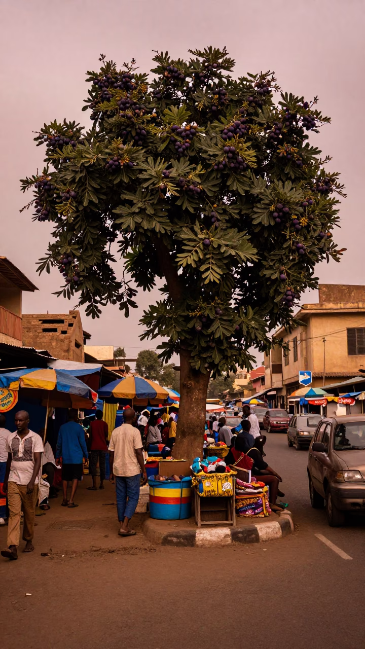 Busy Nairobi Street Scene in Copper Dusk Light with Fig Tree and Market Activity in in Nairobi, Kenya