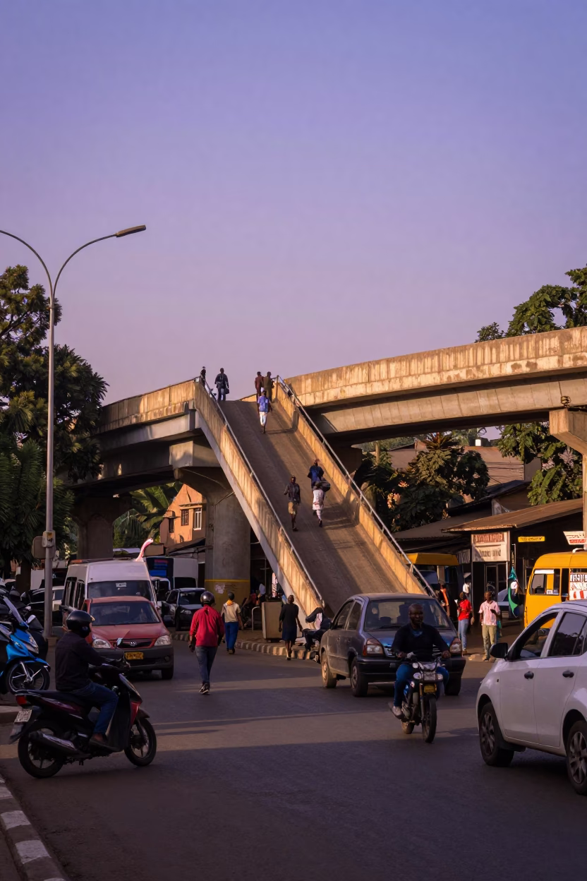 Busy Nairobi Street Scene Late Afternoon with Overpass Ramp and Fig Tree in in Nairobi, Kenya